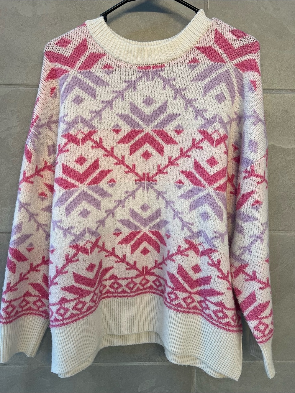 Sincerely Jules Cream Crewneck Sweater with Pink & Lavender Fair Isle